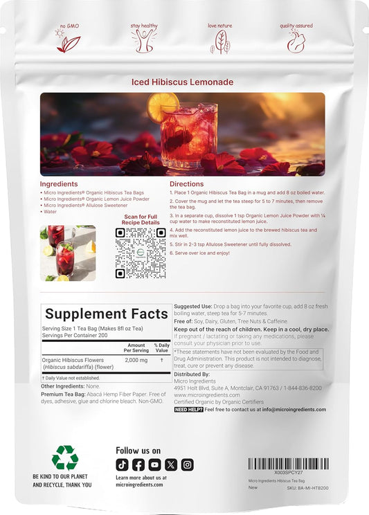 Organic Hibiscus Tea Bags 200 Count Caffeine Free Non-GMO Herbal Tea