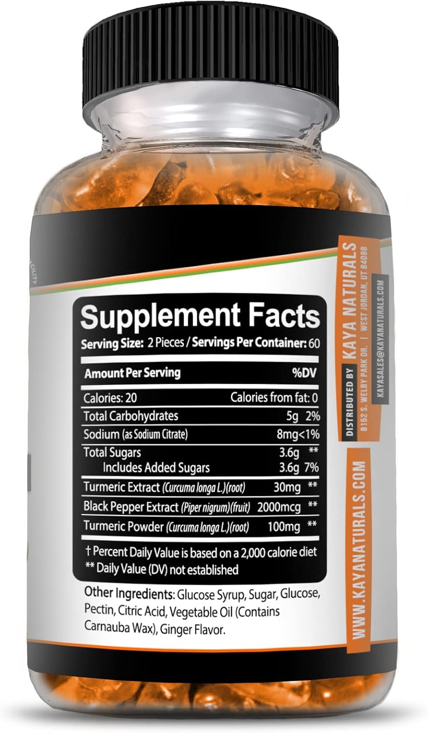 Kaya Naturals Turmeric Gummies Curcumin Ginger Black Pepper 120 Count