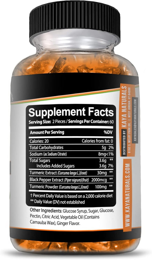 Kaya Naturals Turmeric Gummies Curcumin Ginger Black Pepper 120 Count