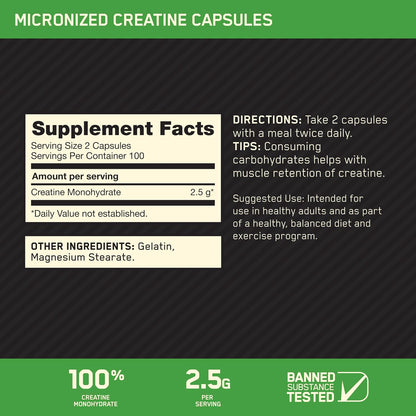 Optimum Nutrition Micronized Creatine Monohydrate Capsules 200 Count 100 Servings