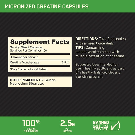 Optimum Nutrition Micronized Creatine Monohydrate Capsules 200 Count 100 Servings