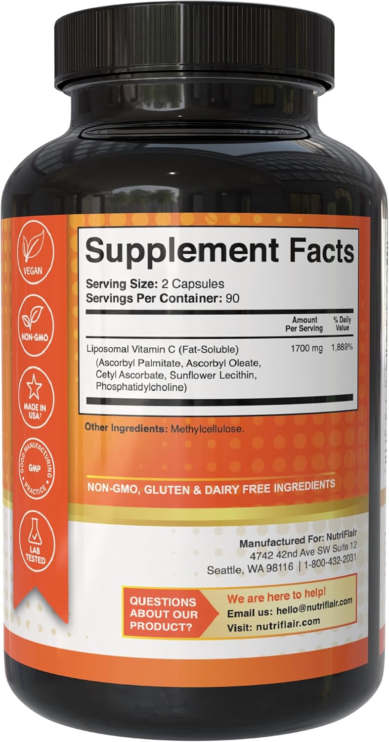 NutriFlair Liposomal Vitamin C 1700 mg – High Absorption Capsules, 180 Count, Non-GMO, Vegan