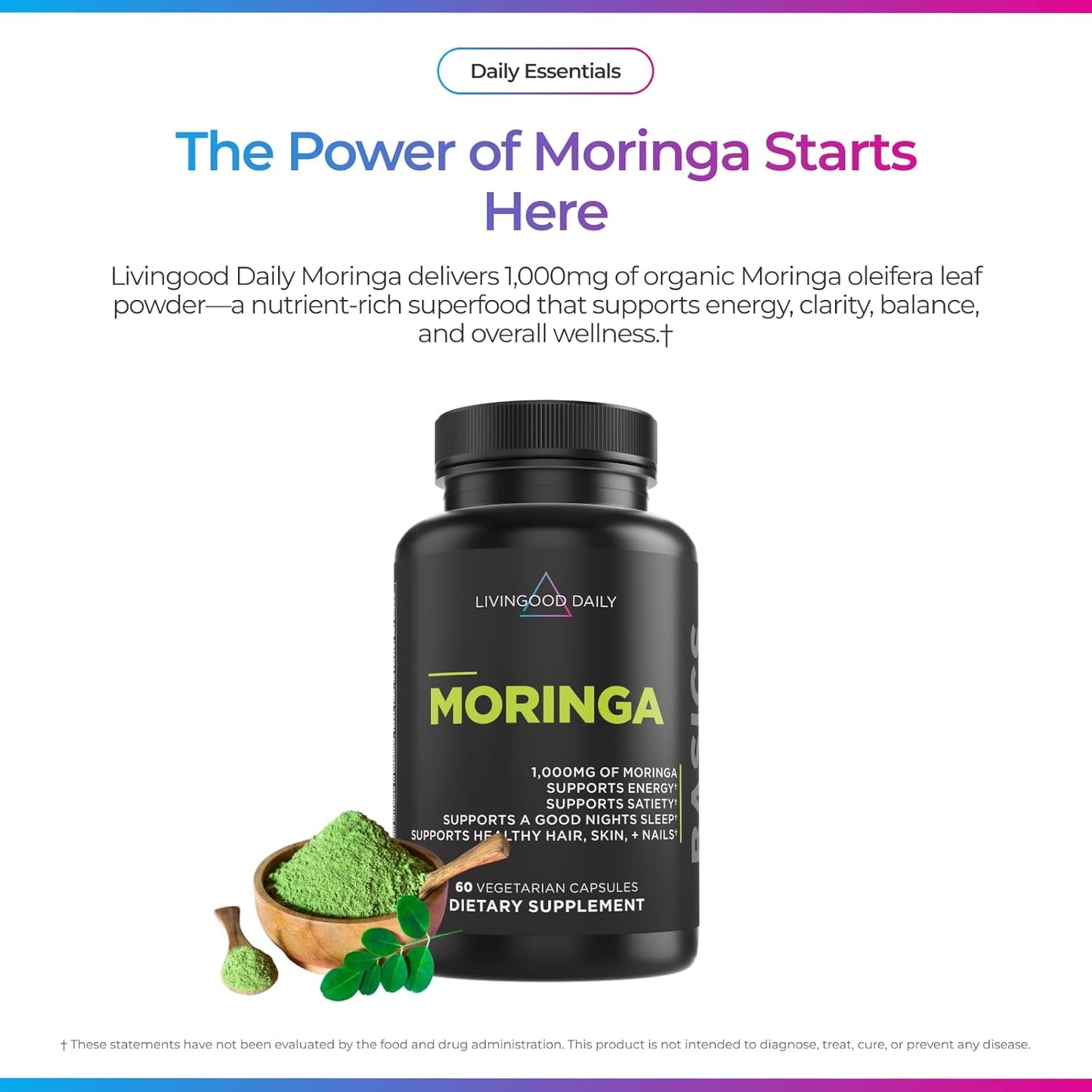 Livingood Daily Moringa Capsules Vegan Greens Superfood Non-GMO 60 Count