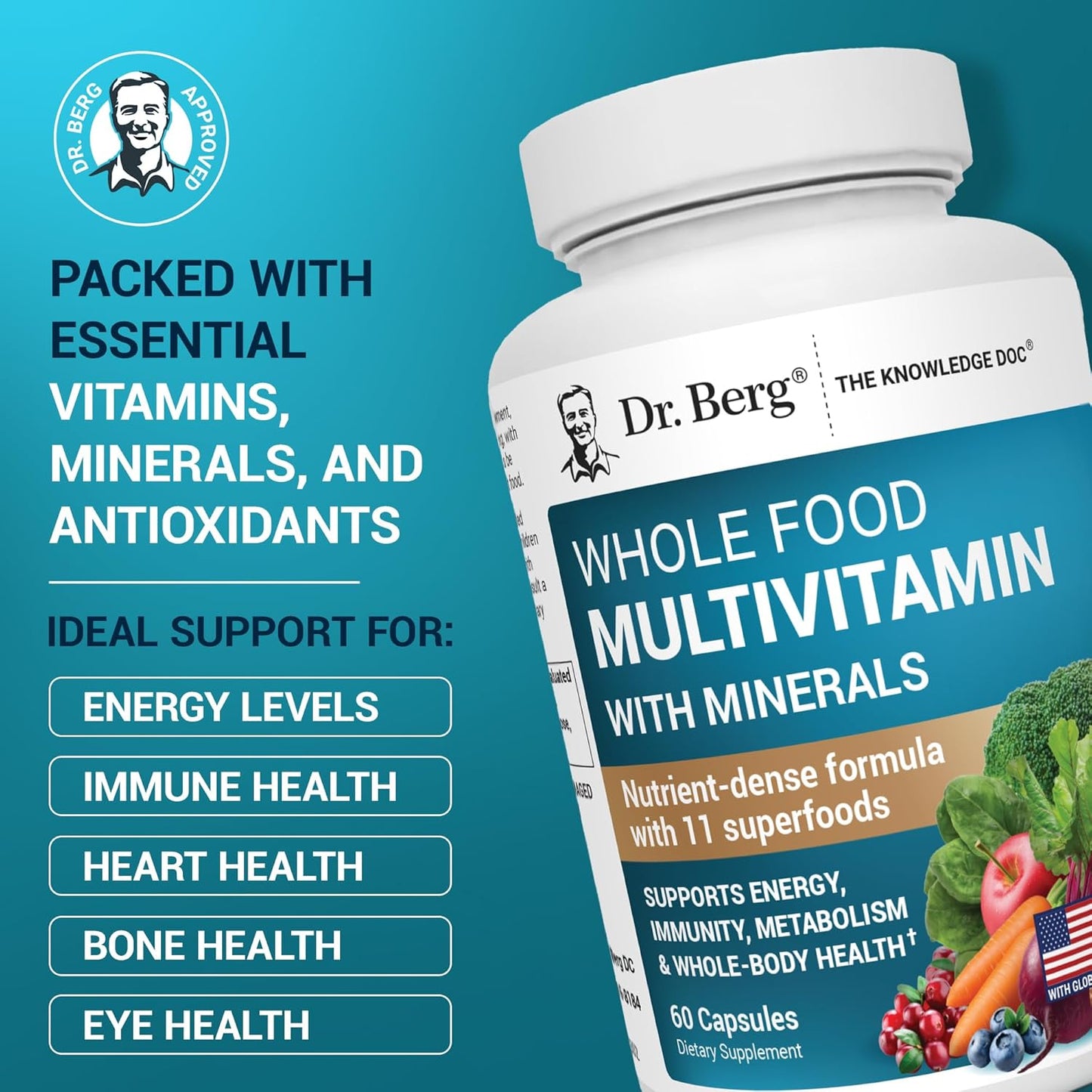 Dr. Berg Whole Food Multivitamin Capsules with Minerals and Fruit & Vegetable Blend 60 Count