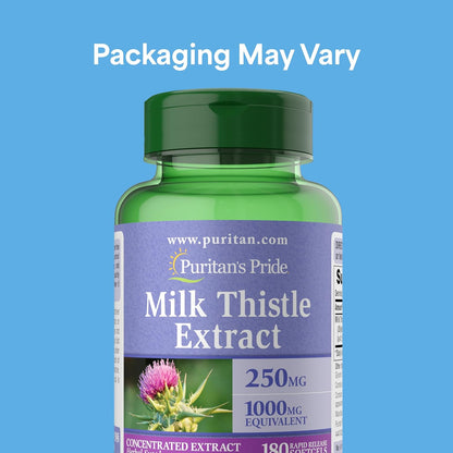 Puritan's Pride Milk Thistle Silymarin 4:1 Concentration Extract 250 mg (1000 mg Equivalent), Dietary Supplement for Traditional Liver Support, 6 Month Supply, 180 Count