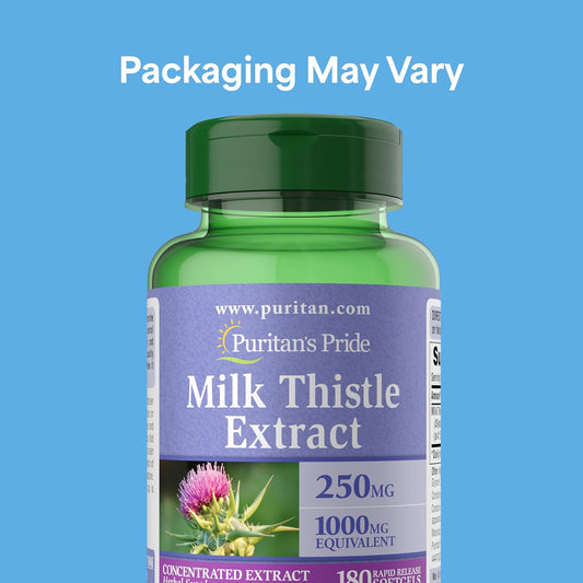 Puritan's Pride Milk Thistle Silymarin 4:1 Concentration Extract 250 mg (1000 mg Equivalent), Dietary Supplement for Traditional Liver Support, 6 Month Supply, 180 Count
