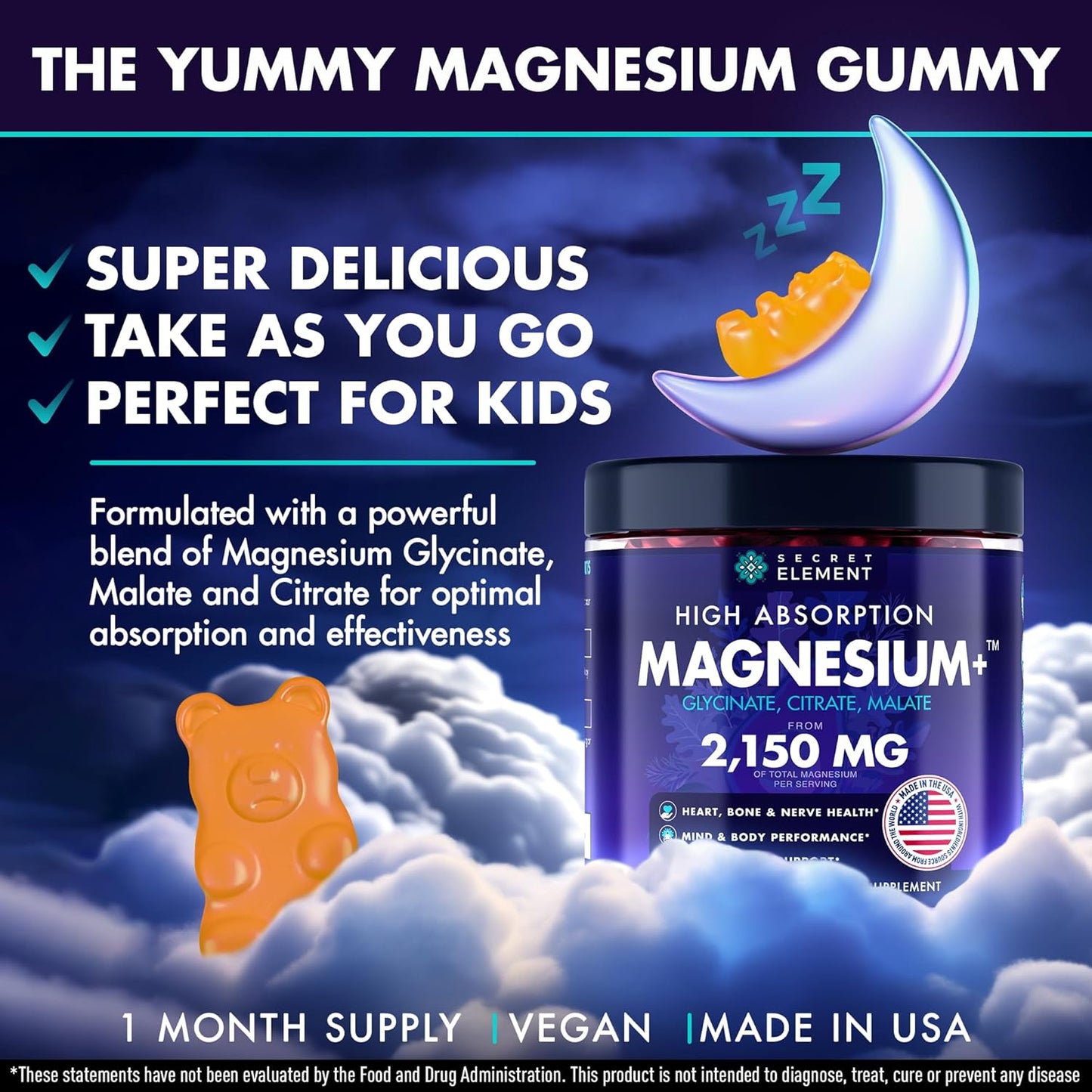 Magnesium Glycinate Citrate Malate Gummies 2150 mg Sugar Free Vegan Orange 60 Chews