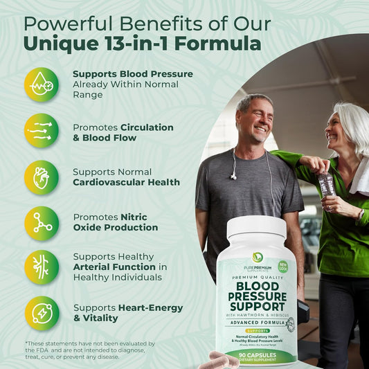 PurePremium Blood Pressure Supplement Hawthorn Hibiscus Garlic Vitamin B12 90 Count