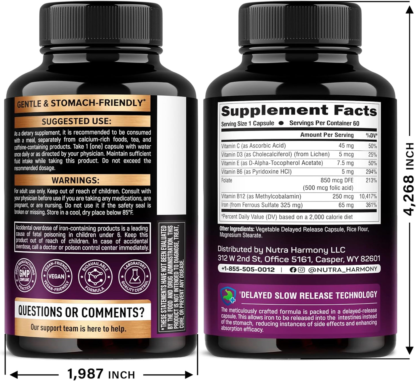 Iron Supplement for Women 65 mg with Vitamin C D3 B6 B12 and Folate 60 Capsules