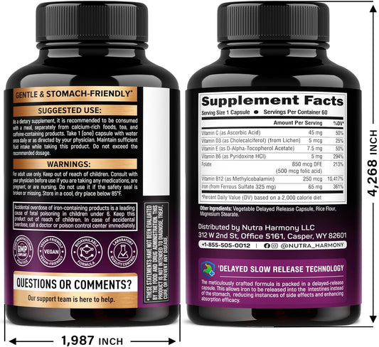 Iron Supplement for Women 65 mg with Vitamin C D3 B6 B12 and Folate 60 Capsules