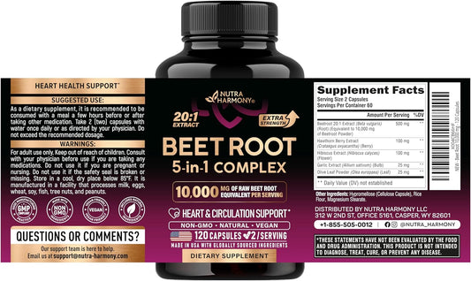 Beet Root 5-in-1 Complex Capsules – Olive Leaf, Hawthorn Berry & Hibiscus, 120 Count