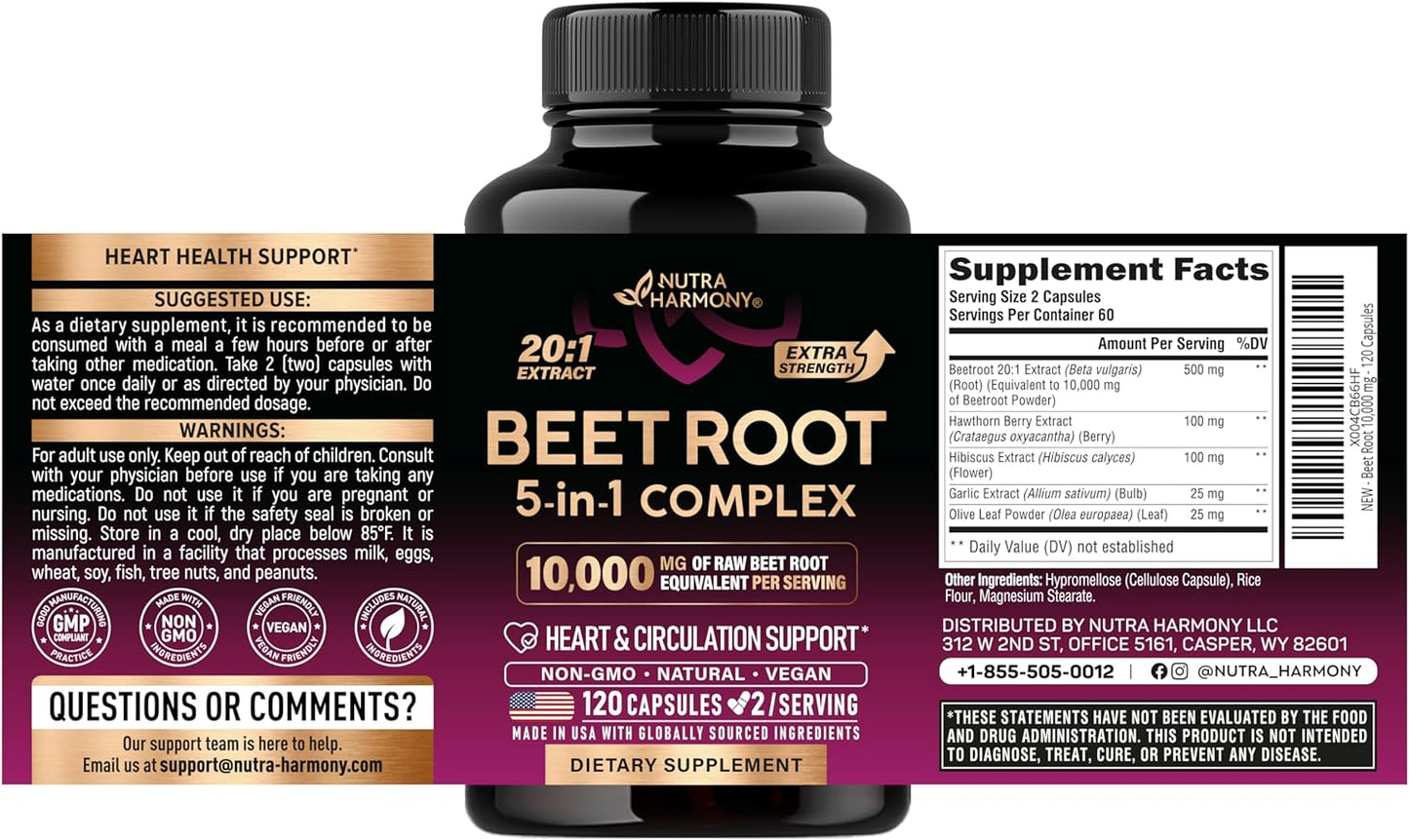 Beet Root 5 in 1 Complex Capsules Olive Leaf Hawthorn Hibiscus 120 Count