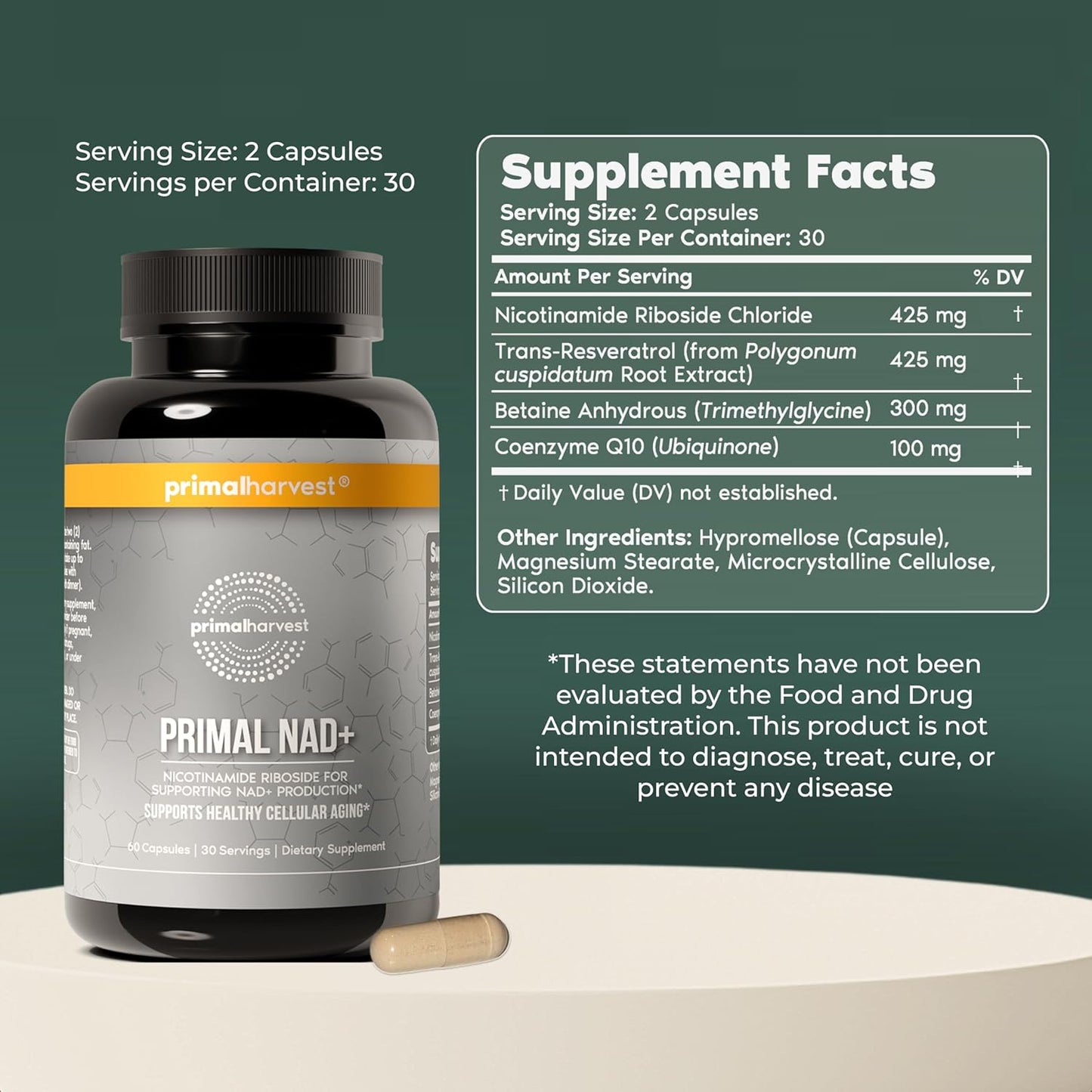 Primal Harvest NAD+ Supplement Nicotinamide Riboside Resveratrol Betaine CoQ10 Capsules