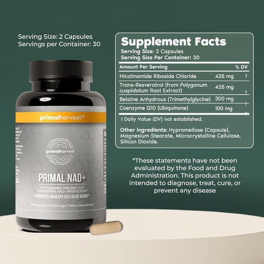Primal Harvest NAD+ Supplement Nicotinamide Riboside Resveratrol Betaine CoQ10 Capsules