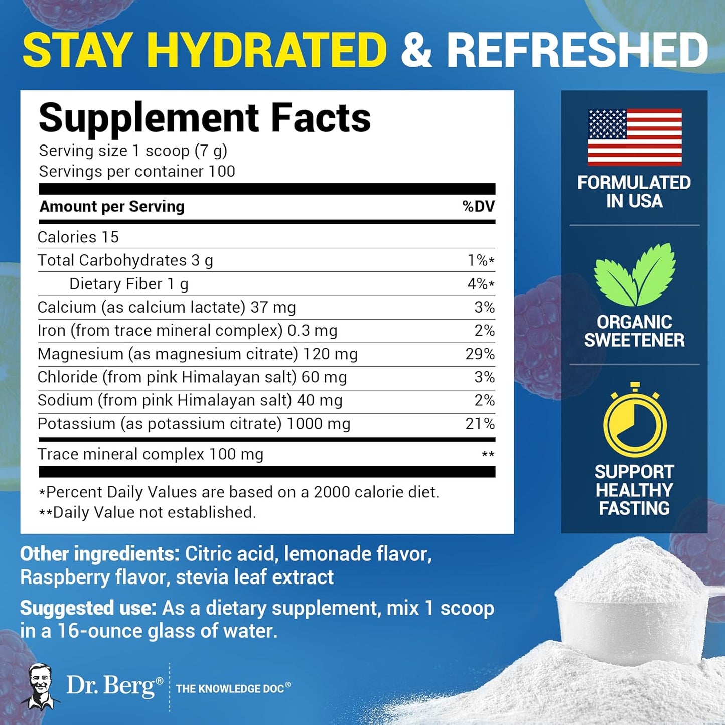 Dr. Berg Zero Sugar Electrolyte Powder Raspberry Lemon 100 Servings