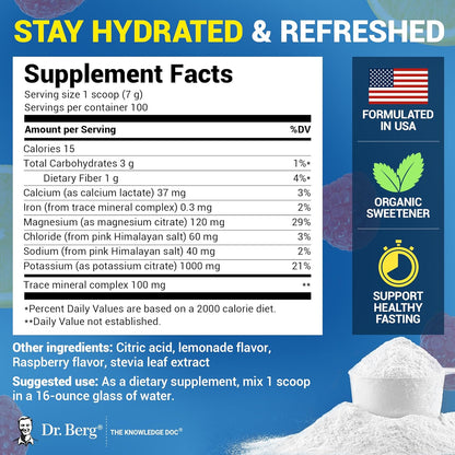 Dr. Berg Zero Sugar Electrolyte Powder Raspberry Lemon 100 Servings