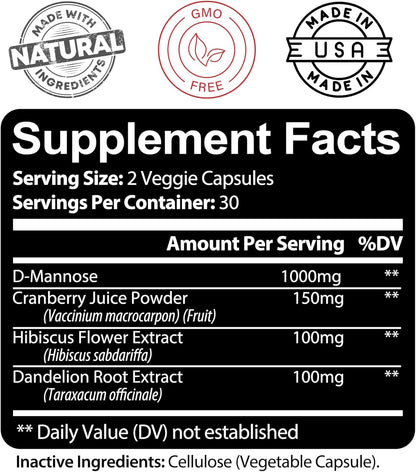 Kaya Naturals - D-Mannose - Urinary Tract UT Cleanse & Bladder Health - Made with Cranberry, Hibiscus & Dandelion Root - D Mannose Capsules Cranberry Supplement - 60 Veggie Capsules