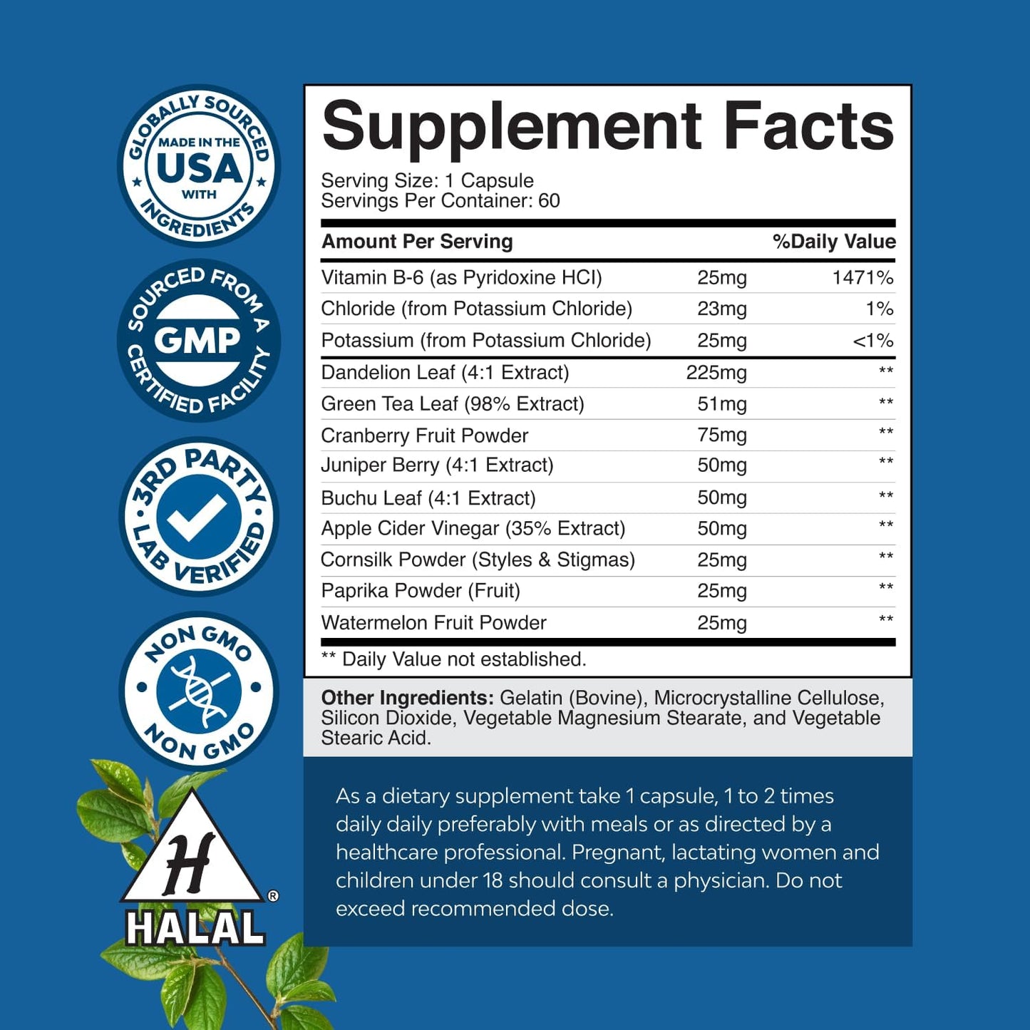 Water Away Herbal Diuretic Capsules Dandelion Green Tea 60 Count