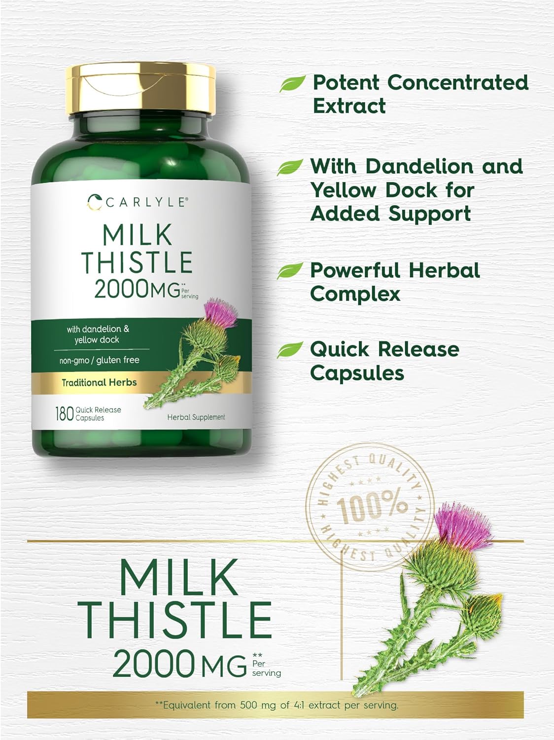 Carlyle Milk Thistle | 180 Capsules | with Dandelion & Yellow Dock | Non-GMO, Gluten Free