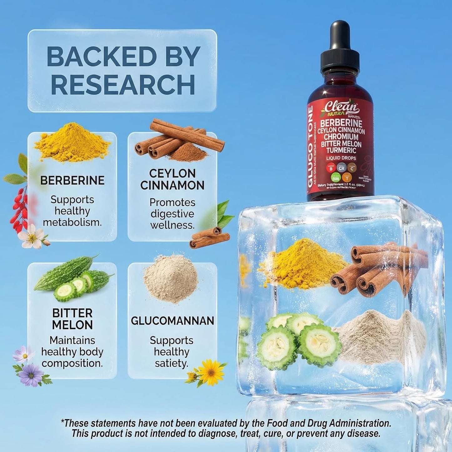 Clean Nutra Berberine Liquid Drops with Cinnamon, Bitter Melon & Herbal Blend