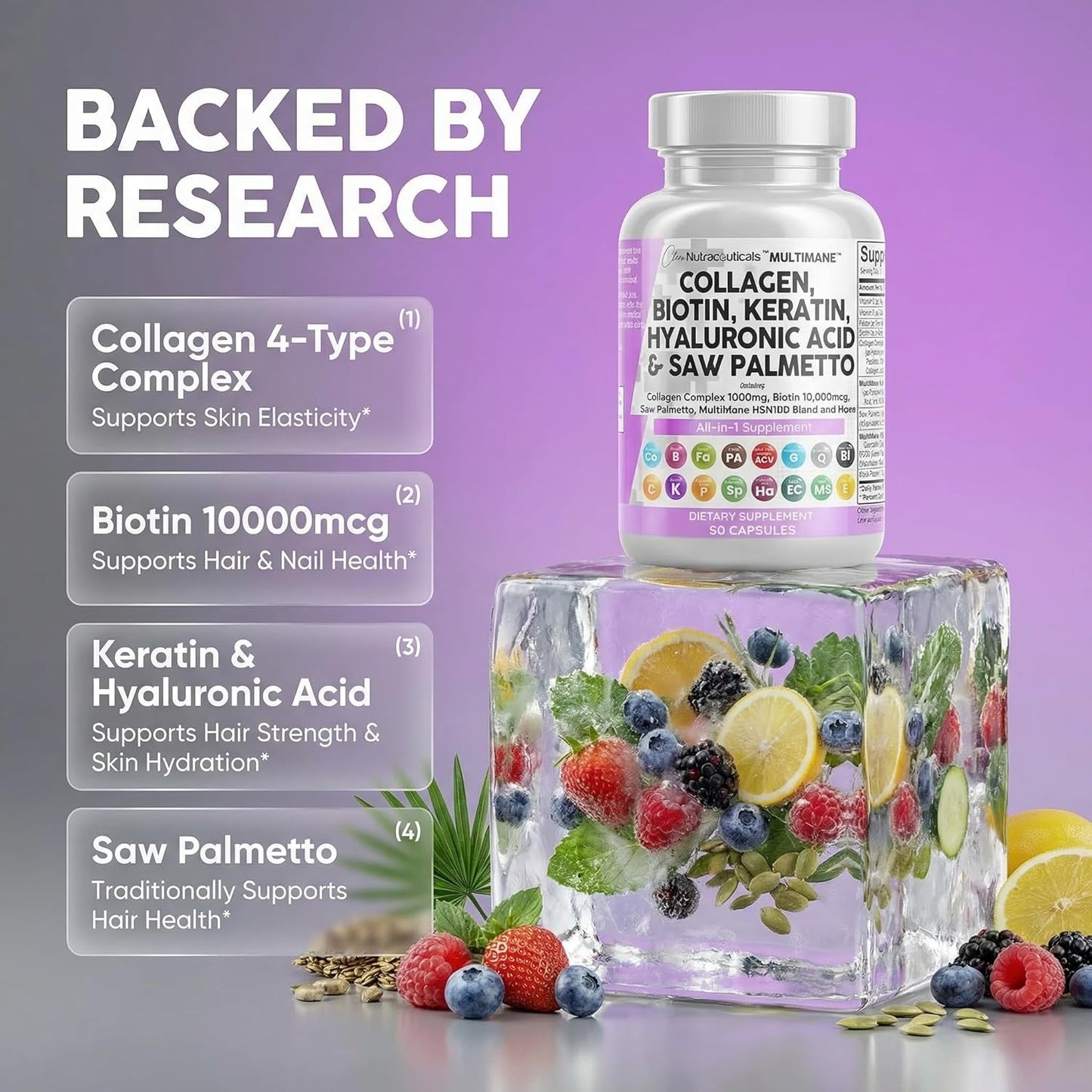 Clean Nutraceuticals Collagen Biotin Keratin Hair Skin Nails 90 Capsules