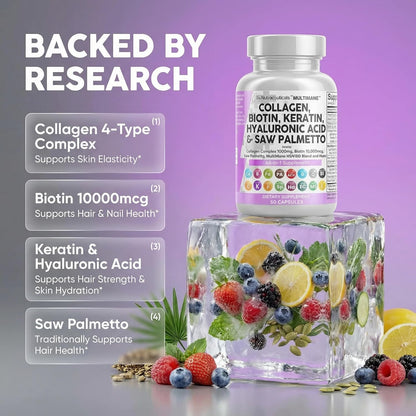 Clean Nutraceuticals Collagen Biotin Keratin Hair Skin Nails 90 Capsules