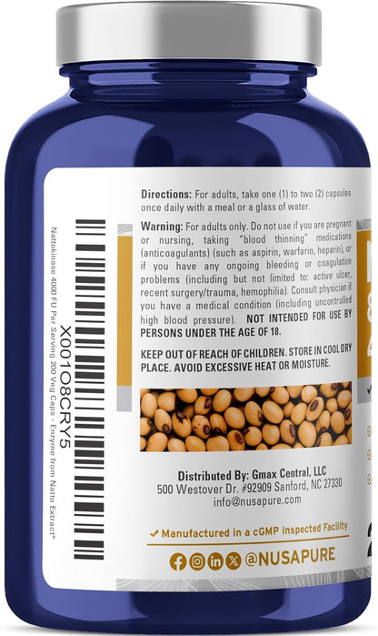 NusaPure Nattokinase 4000 FU 800mg – Vegan, Non-GMO Enzyme Supplement, 200 Veggie Capsules