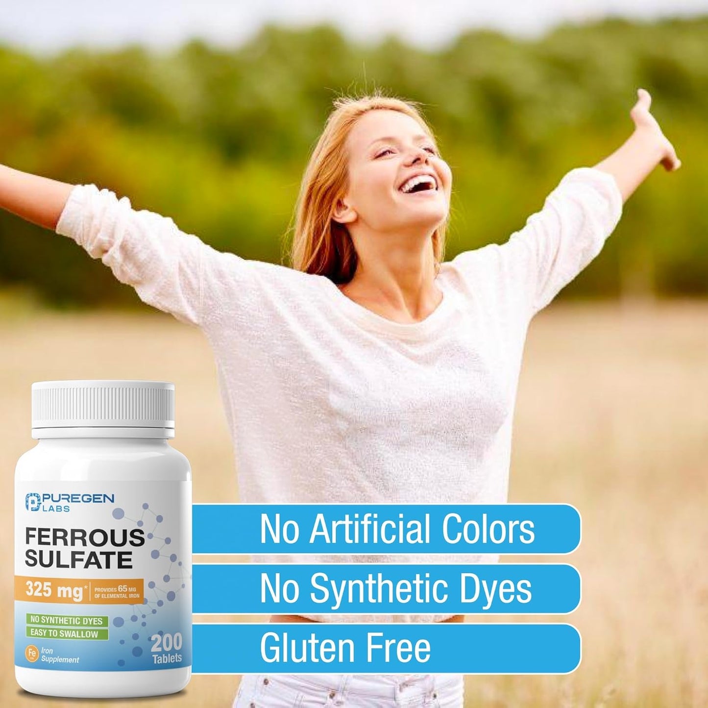 Puregen Labs Ferrous Sulfate 325 mg Iron Supplement 200 Tablets