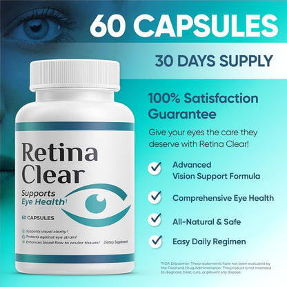Retina Clear Vision Support Supplement Capsules – Natural Ingredient Eye Health Formula, 180 Capsules (3 Pack)