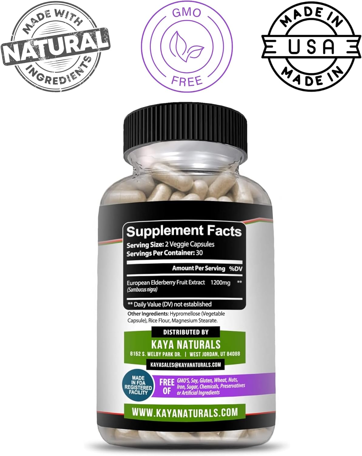 Kaya Naturals Elderberry Capsules Zinc Vitamin C Probiotics Turmeric 1200 mg 60 Count