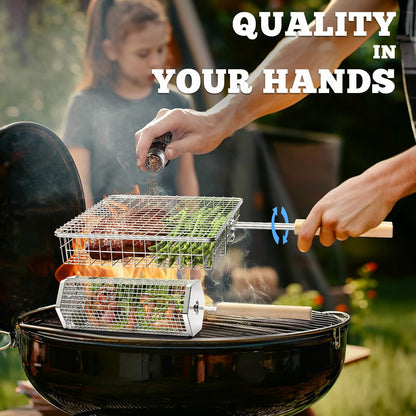 Ivtivfu Rolling Grill Baskets Stainless Steel with Removable Wooden Handle Set