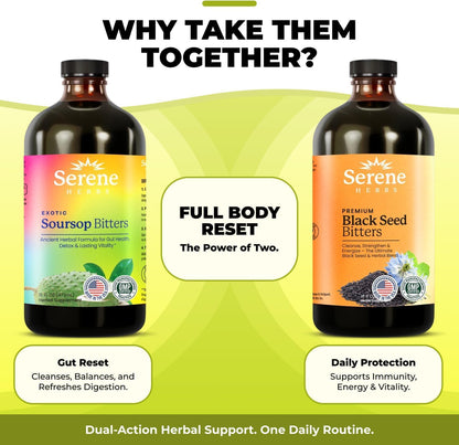 Serene Herbs Soursop Bitters & Black Seed Liquid Herbal Supplement Bundle 2 Pack 32 fl oz
