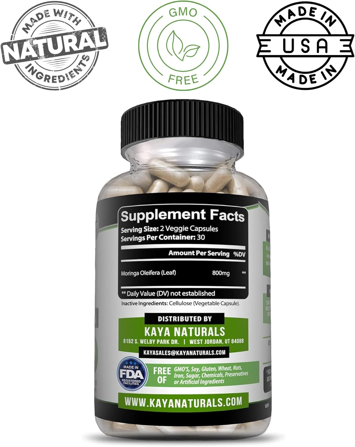 Kaya Naturals Moringa Leaf Extract Veggie Capsules Greens Superfood 60 Count