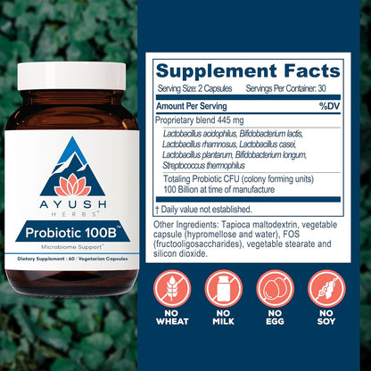 Ayush Herbs Probiotic 100B with Prebiotics Vegetarian Capsules 60 Count
