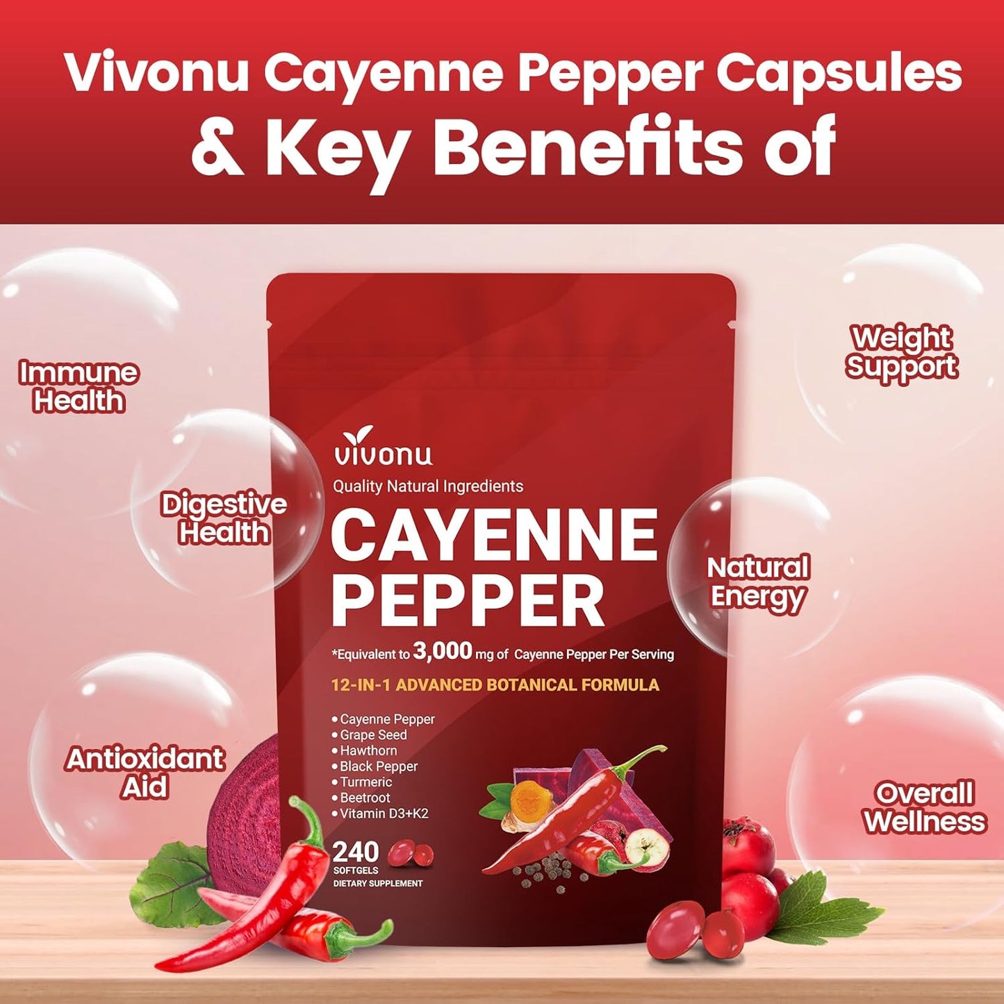 VivoNu Cayenne Pepper Softgels Vitamin E D3 K2 Grape Seed Hawthorn Beetroot Berberine