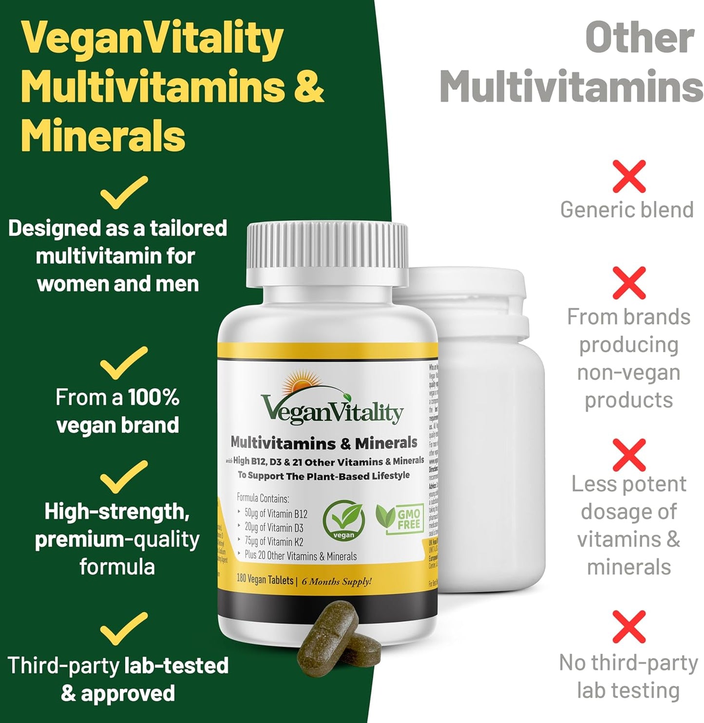 Vegan Vitality Multivitamin Tablets for Women & Men with Vitamin B12, D3 and K2 180 Count