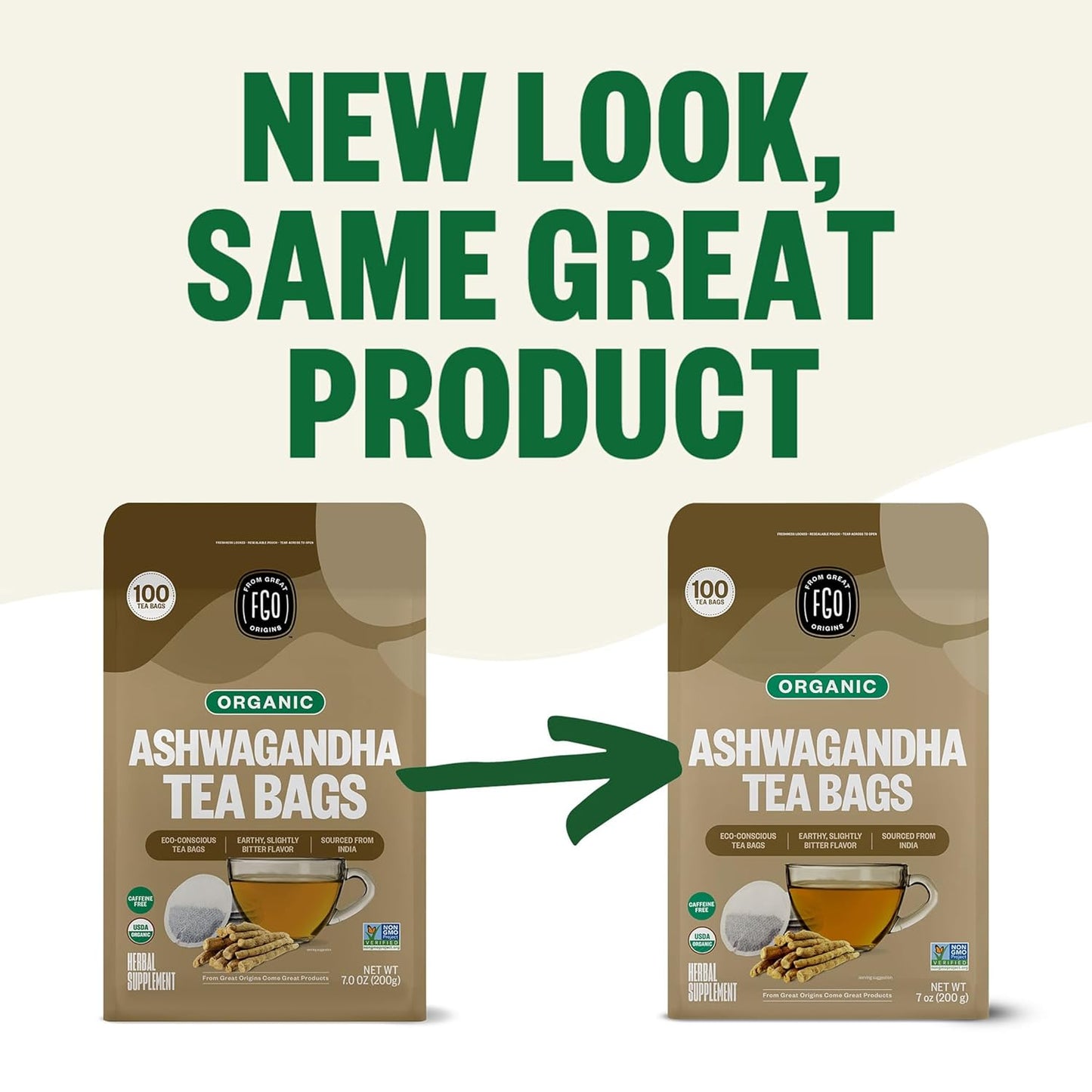 FGO Organic Ashwagandha Tea Bags Caffeine Free 100 Count