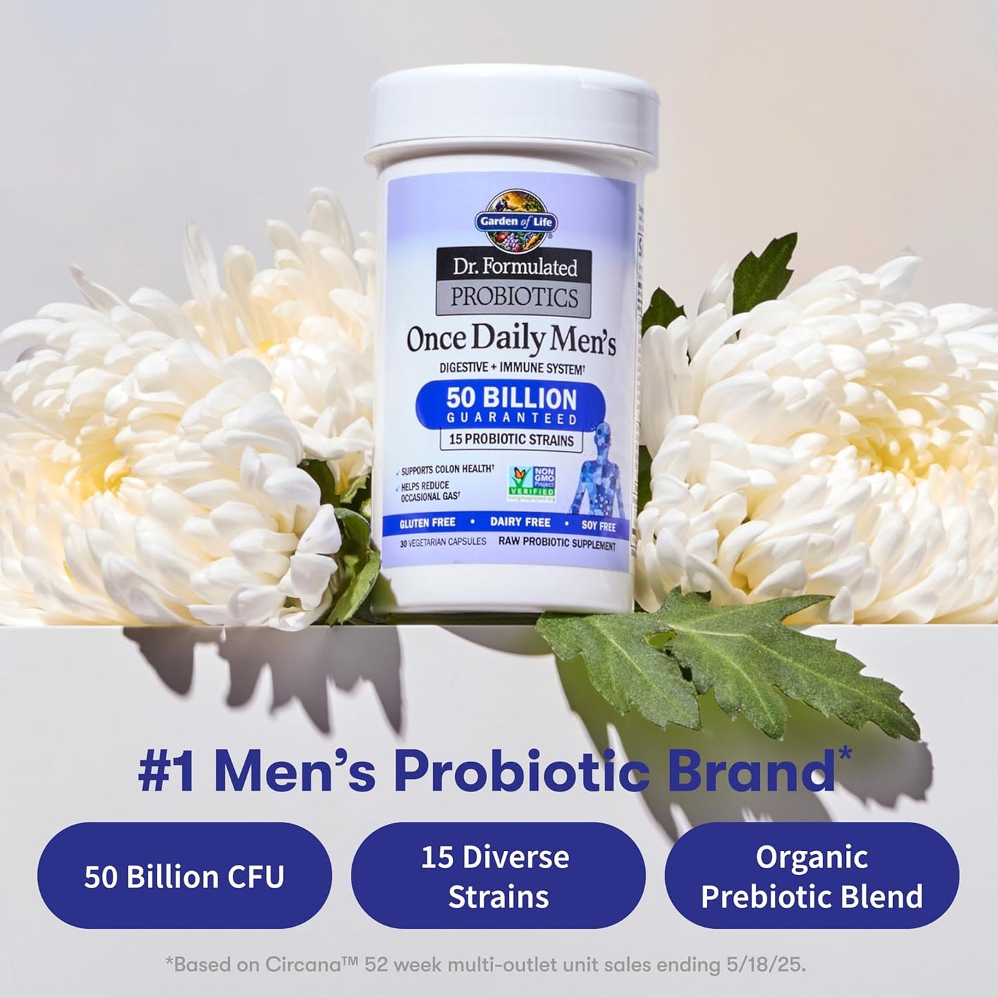 Garden of Life Dr. Formulated Probiotics for Men 50 Billion CFU 15 Strains + Organic Prebiotic Fiber – Digestive & Immune Support, 30 Capsules