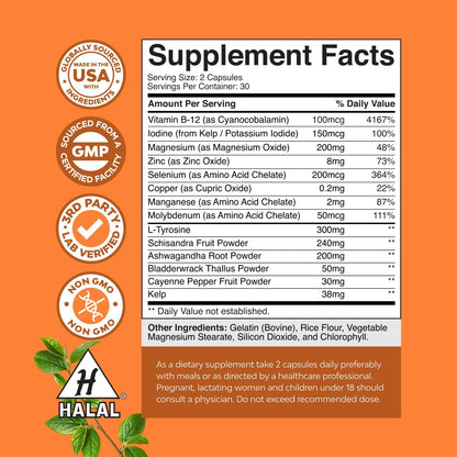 Herbal Thyroid Support Complex Kelp Iodine L Tyrosine Ashwagandha 60 Count