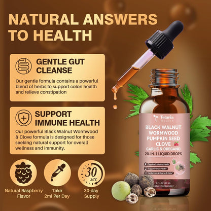 Totaria 20 in 1 Black Walnut Wormwood Tincture - Clove,Pumpkin Seed,Garlic,Oregano,Berberine - Gentle Gut Cleanse & Digestive Health -Raspberry Flavor - 2FL