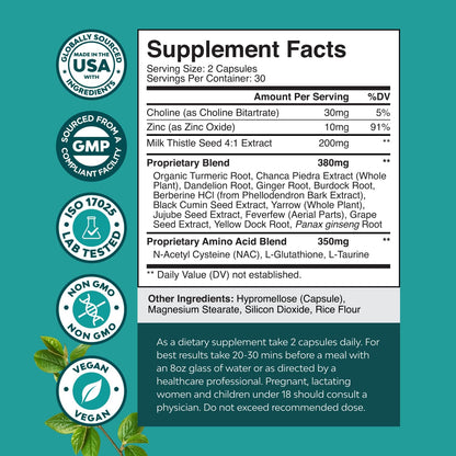 NAC Liver Support Supplement Milk Thistle Turmeric Choline Glutathione 60 Count