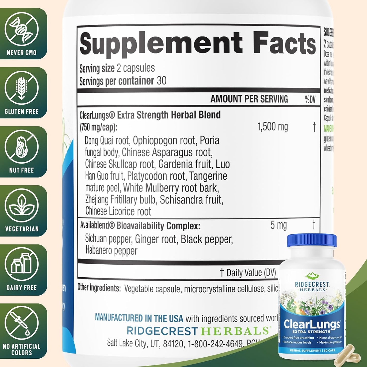 RidgeCrest Herbals ClearLungs Extra Strength Vegan Capsules 60 Count