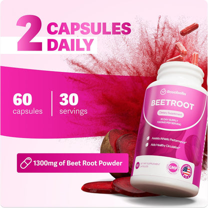 Rosabella Organic Beet Root Supplement 1300 mg 120 Capsules