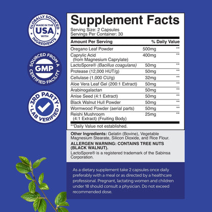 CANDI-CLEAR Body Cleanse Capsules Caprylic Acid Black Walnut Oregano 60 Count