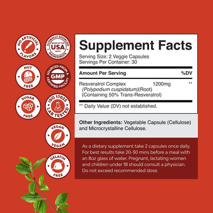 Youthful Trans Resveratrol Capsules AMPK Activator Cellular Health 60 Count