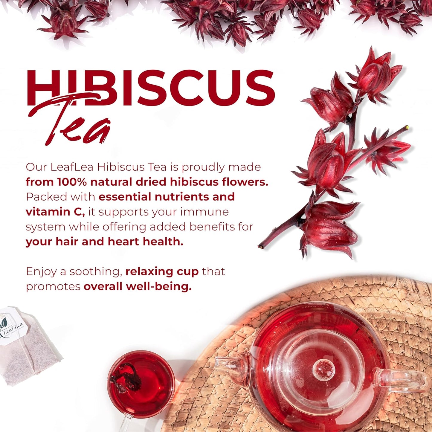 LeafLea Hibiscus Tea Bags 100% Pure Herbal Caffeine Free 40 Count
