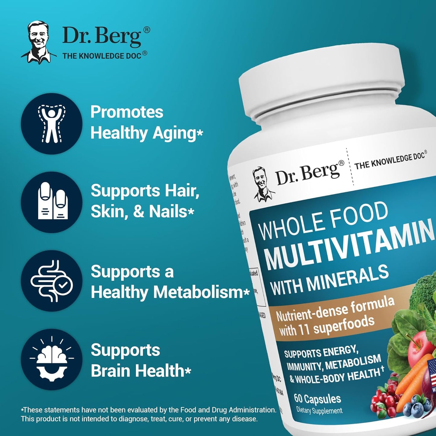 Dr. Berg Whole Food Multivitamin Capsules with Minerals and Fruit & Vegetable Blend 60 Count