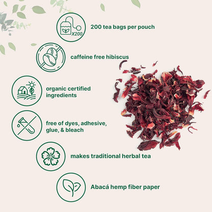 Organic Hibiscus Tea Bags 200 Count Caffeine Free Non-GMO Herbal Tea