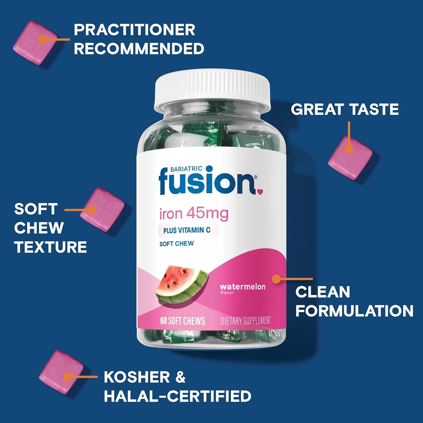 Bariatric Fusion Chewable Iron Supplement with Vitamin C Watermelon Flavor 60 Count