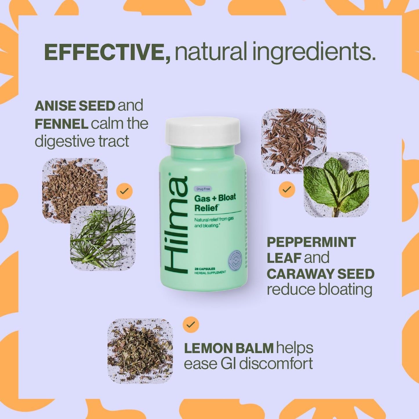 Hilma Digestive Supplement Lemon Balm Fennel Peppermint Vegan Capsules 50 Count